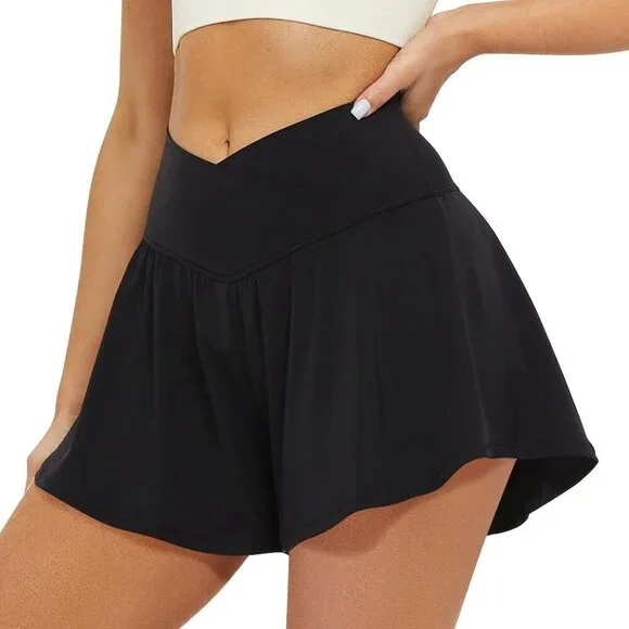 Women 2 in 1 Flowy Running Shorts with Pockets Spandex Butterfly Athletic Short - Picture 2 of 4